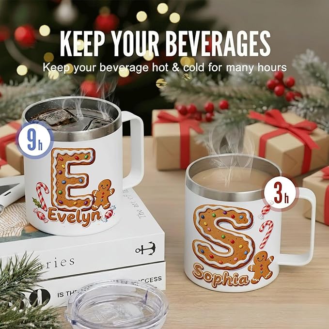 Personalized Christmas Mug | Custom Gingerbread Initial Insulated Coffee Cup with Handle & Lid | 12oz Holiday Tumbler, Cute Stocking Stuffer Gift for Women & Kids (B01) - Bloomnest