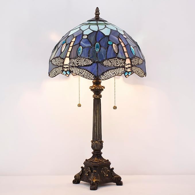 Tiffany Lamp Blue Dragonfly Style Stained Glass Table Lamp Desk Reading Light 12X12X21 Inches with Resin Base Decor Bedroom Living Room - Bloomnest