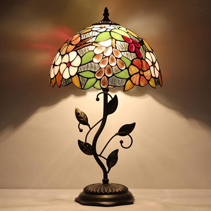 Tiffany Lamp Purple Grape Style Stained Glass Table Lamp Desk Bedside Reading Light 12X12X19 Inches with Metal Leaf Base Decor Bedroom Living Room - Bloomnest