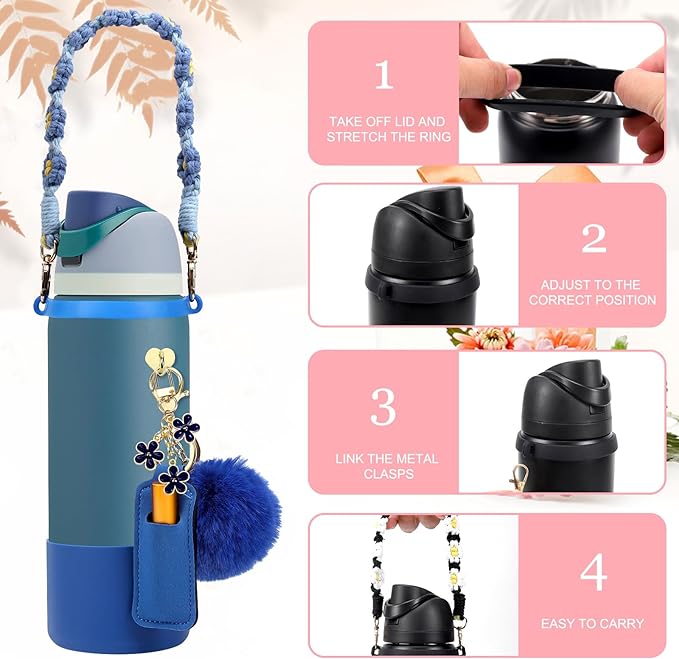 Compatible for Owala Accessories Bundle: Silicone Boot for 24oz & 32oz Bottles, Charms, Handle, Strap, Rubber Bottoms, and Decorative Add-ons for Your Compatible for Owala Water Bottle, Denim Bloomnest