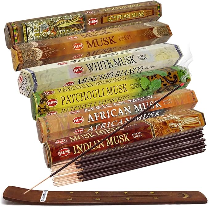 Hem Incense Sticks Variety Pack #17 and Incense Stick Holder Bundle with 6 Musk Fragrances - Bloomnest