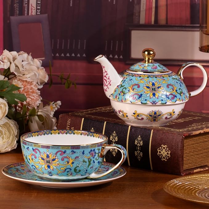 Tea for One, Porcelain Teapot and Cup Set, Vintage Tea Pot and Saucers Set, Ceramic Tea Set for Tea Party, Office and Home, Lake Blue Tea Cups and Saucer Set for Coffee, Cappuccino, Tea - Bloomnest