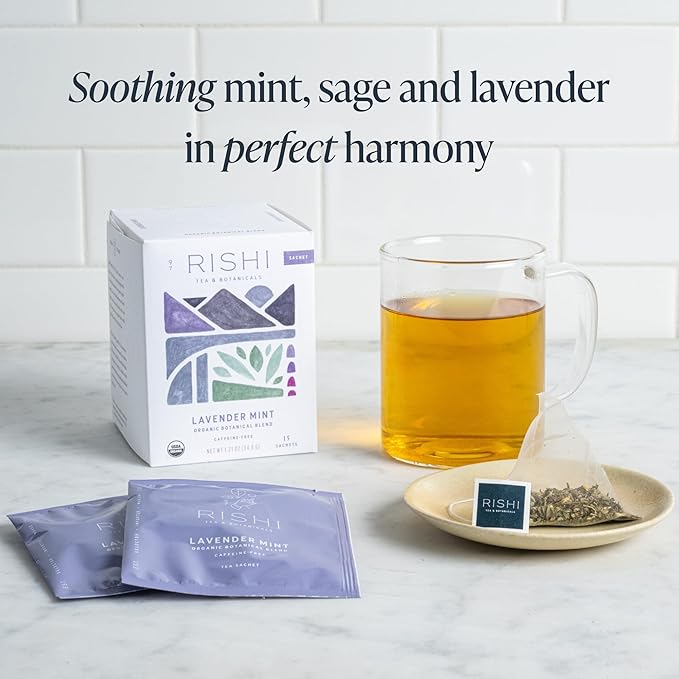 Rishi Tea Lavender Mint Herbal Tea - Organic, Caffeine Free Sachet Bags, Calming Lavender with Peppermint & Sage - 15 Count (Pack of 6) - Bloomnest