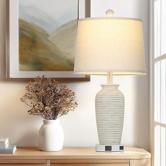 25" Retro White Farmhouse Jar Table Lamps for Living Room, 3 Way Touch Control Rustic Bedside Lamps with USB A+C Ports & AC Outlet, Pot Nightstand Lamps for Bedroom (LED Bulbs Included) - Bloomnest