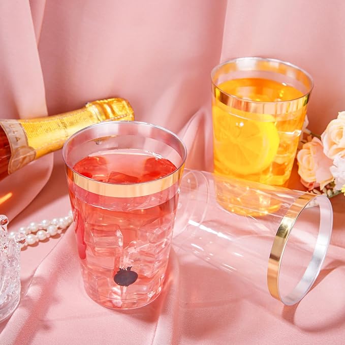 I00000 50 Pack 12 oz Gold Plastic Cups, Gold Rimmed Disposable Cups, Disposable Plastic Wine Glasses Cocktail Glasses Heavy Duty Cup with Golden Rim, 12 Ounce Tumblers for Party & Wedding - Bloomnest