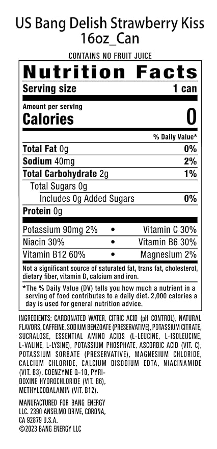 Bang Energy Delish Strawberry Kiss, Sugar-Free Energy Drink, 16 Fl Oz (Pack of 12) - Bloomnest
