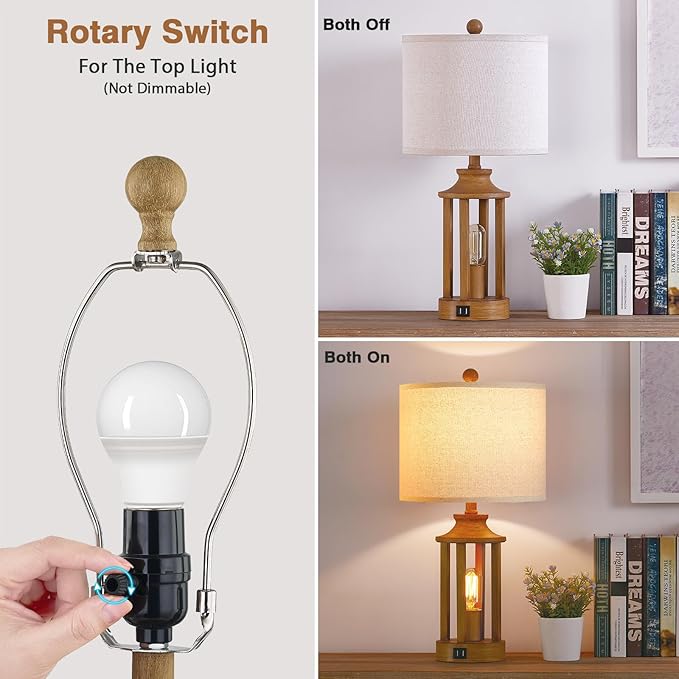 Touch Control Farmhouse Table Lamp Set of 2 with 2 USB Ports, 3 Way Dimmable Bedside Lamps with 2 LED Nightlight，Rustic Nightstand Lamps for Bedroom, Living Room Office (4 LED Bulbs Included) - Bloomnest