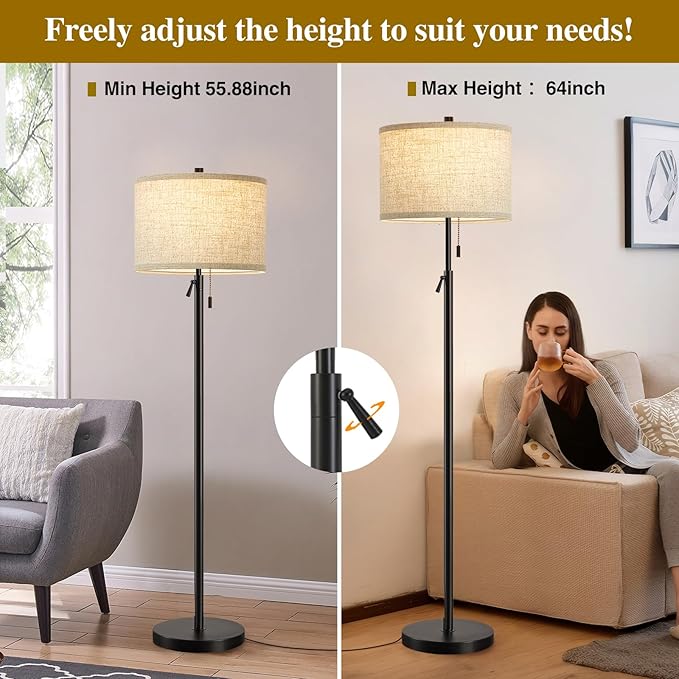 GyroVu Black Floor Lamp, Height Adjustable Standing Lamp Tall Lamp with Fabric Lampshade&Pull Chain Corner Floor Lamps for Living Room, Bedroom & Office Bulbs Not Included(Black Base) - Bloomnest