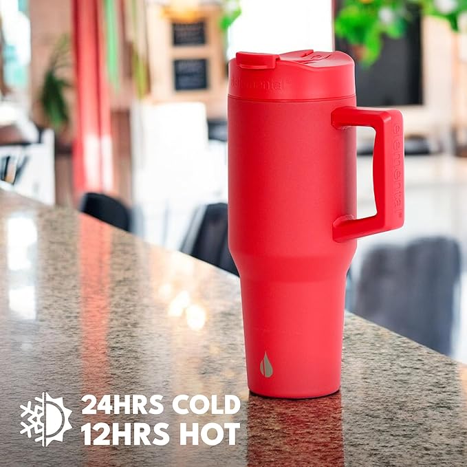 Elemental 32 oz 100% Leak Proof Tumbler with Handle & Straw - Stainless Steel Double Wall Insulated Tumbler for Hot and Cold Beverages - Travel Coffee Mug with Sip & Straw Lid - Red - Bloomnest