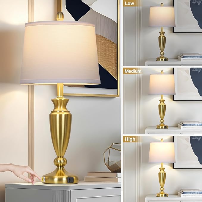 27" Gold Table Lamp Single, Touch Control Modern Bedroom Lamp with USB A+C Ports, 3-Way Metal Bedside Lamp, Elegant Brass Table Lamp for Night Stand Desk Side Table Office (Bulb Inclued) - Bloomnest