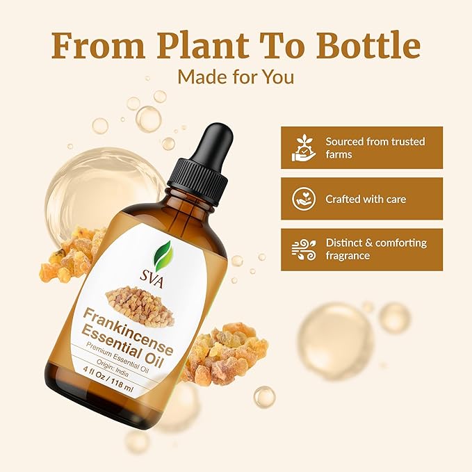 SVA Frankincense Essential Oil – 4 Fl Oz – 100% Natural Boswellia Serrata Oil - for Diffuser, Hair Care, Face, Skin Care, Aromatherapy, Scalp and Body Massage, Soap and Candle Making – with Dropper - Bloomnest