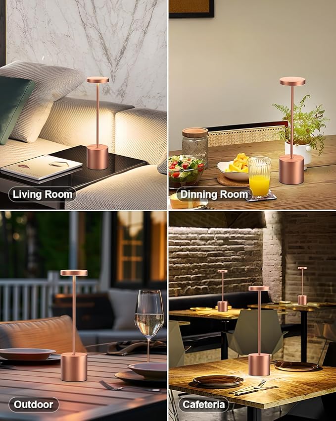 Cordless Table Lamps Rechargeable, Portable LED Desk Lamp, 5000mAh Battery Powered Wireless Table Light - 3 Color Dimmable Lighting for Restaurant Dining Patio Outdoor Bedroom(Rose Gold) - Bloomnest