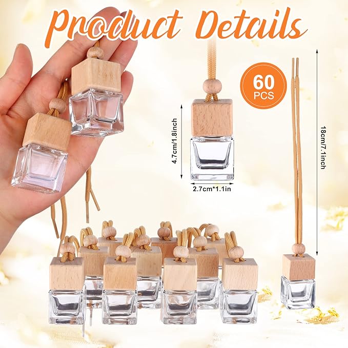60 Pcs Hanging Car Air Freshener Car Diffuser Bottle Empty Glass Perfume Bottles Air Freshener Diffuser Bottle Pendant for Essential Oils Fragrance Aromatherapy Ornament Decor (Fresh Style) - Bloomnest