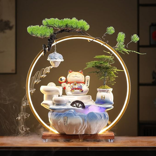 Indoor Tabletop Waterfall Fountain with Chinese Ceramic Lucky Cat Waving Arm Figurine，Desktop Mini Water Fountain Decoration，LED Light Ring Backflow Incense Burner for Desk - Bloomnest