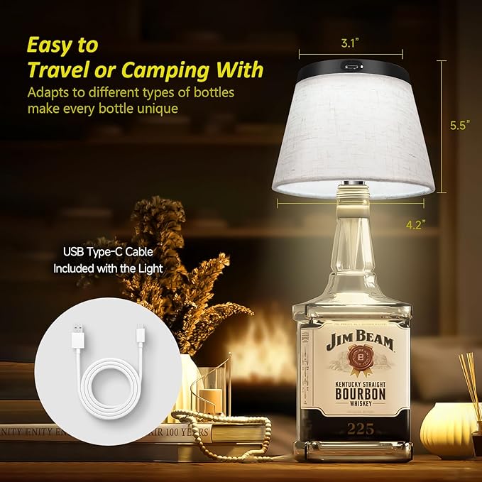 2025 New Bottle Lamp - LED Bottle Lights for Liquor & Wine Bottles, Cordless Lampshade, Whiskey Bottle Top Light, Bottle Stopper Night Light Kit, Beige Fabric - Bloomnest