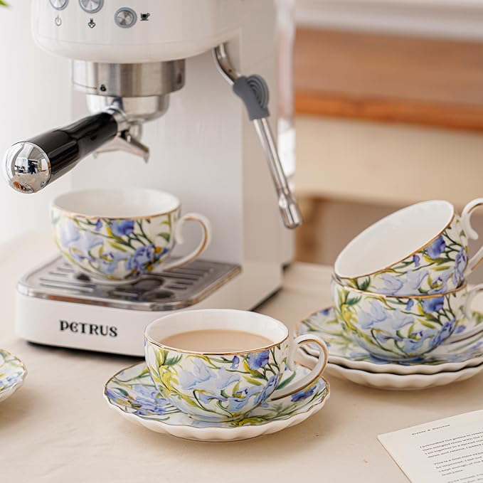 Tea Cup and Saucers, 6.4oz Floral Tea Cups with Gold Trim, Coffee Cappuccino Espresso Latte Mugs for Party Birthday,Christmas Gift (Iris - Blue) - Bloomnest