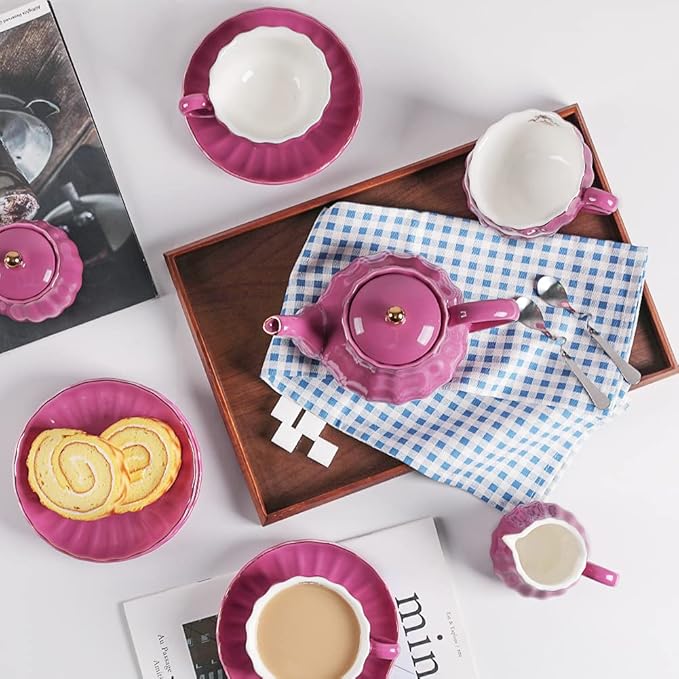 Porcelain Tea Sets British Royal Series, 8 OZ Cups& Saucer Service for 6, with Teapot Sugar Bowl Cream Pitcher Teaspoons and Tea Strainer, Suitable for High Tea, Wedding, Party (Violet) - Bloomnest