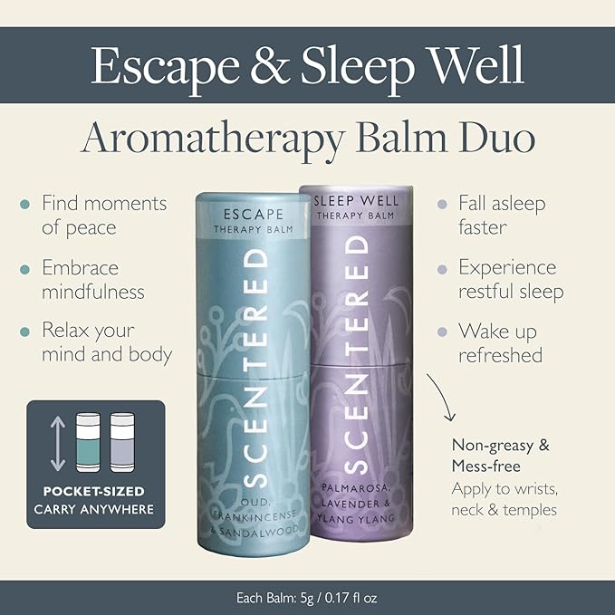 Scentered Aromatherapy Balm Stick Duo for Sleep & Meditation - Roll On Essential Oil Blends of Oud, Lavender, Ylang Ylang - Aromatherapy Gifts for Women - Sleep Well & Escape - Bloomnest