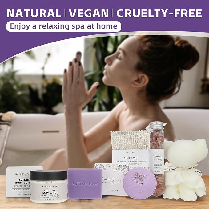 Natural Amor Lavender Spa Gift Set 6 PCs– Handmade Self-Care Box with Body Butter, Bath Bomb, Soap, Bath Salt, and More – Relaxing Lavender Gift for Women - Bloomnest