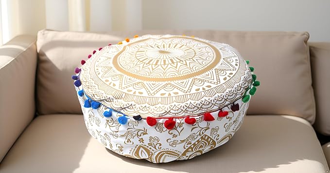 ICC Floor Pillows & Cushion covers Decorative Hippie Mandala Pouf Pillow covers Seating Meditation Cushion Cover Large Boho Ottoman Case Pillowcase Couch White Gold Matellic 16" Round - Bloomnest