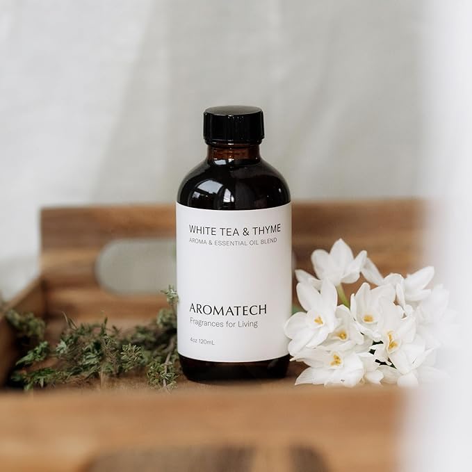 AromaTech White Tea and Thyme Aroma Essential Oil Blend: Luxury Hotel Inspired Aromatherapy with Tea Leaf, Fresh Thyme & Amber for Ultrasonic Diffusers & Nebulizers - 4 fl oz, 120 ml - Bloomnest