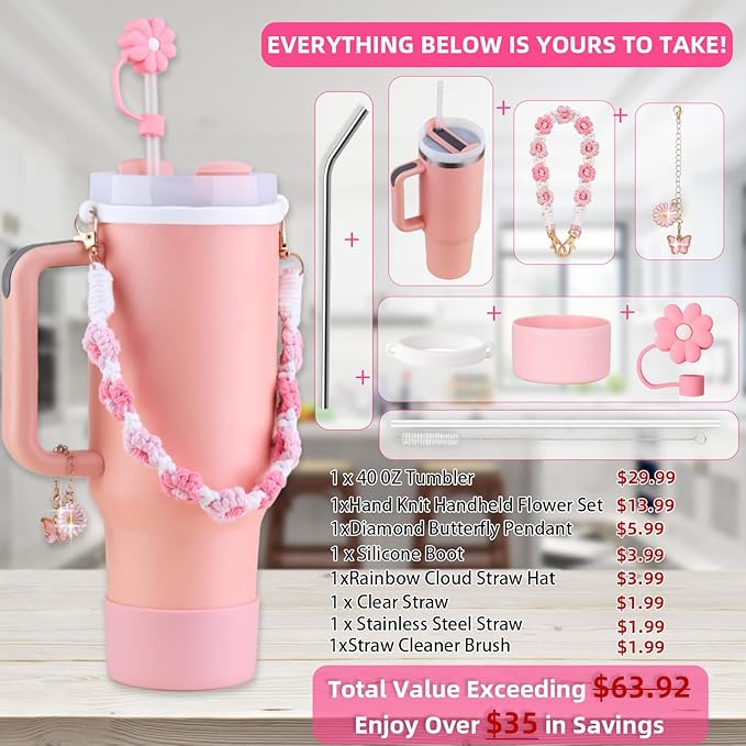 40 oz Tumbler Insulated Mug w/Straw & Flip Cap Lids - Cup Holder Bottle with 6 Accessories Set for Hot, Cold Drink - Leak-Proof - Water, Coffee Portable Travel Mug (Coral) - Bloomnest