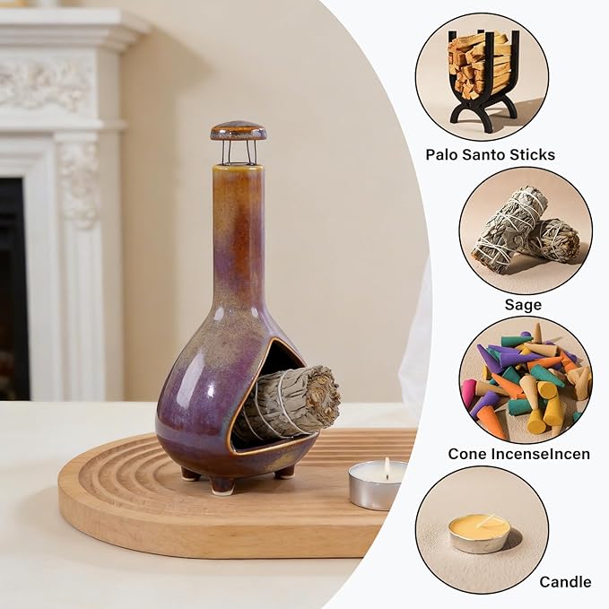 Ceramic Palo Santo Holder - High Temperature 1200°C Mini Chiminea for Sage, Incense & Palo Santo Sticks - Elegant Gradient Glaze Design for Energy Cleansing, Yoga, Meditation & Aromatherapy MOUGIGI