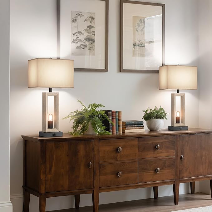 Set of 2 & 25" Retro Vintage Farmhouse Table Lamps for Living Room Bedroom Nightstands Decor Lamps with USB A+C Port , 3-way Dimmable Bedside Lamps included 4 LED Bulbs for End Table Entryway - Bloomnest