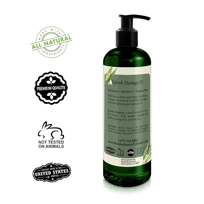 Refresh Massage Oil for Massage Therapy with Eucalyptus & Peppermint Essential Oils - All Natural, Great for Sore Muscles. Ideal for Full Body Relaxation – Nut Free Formula 16oz - Bloomnest