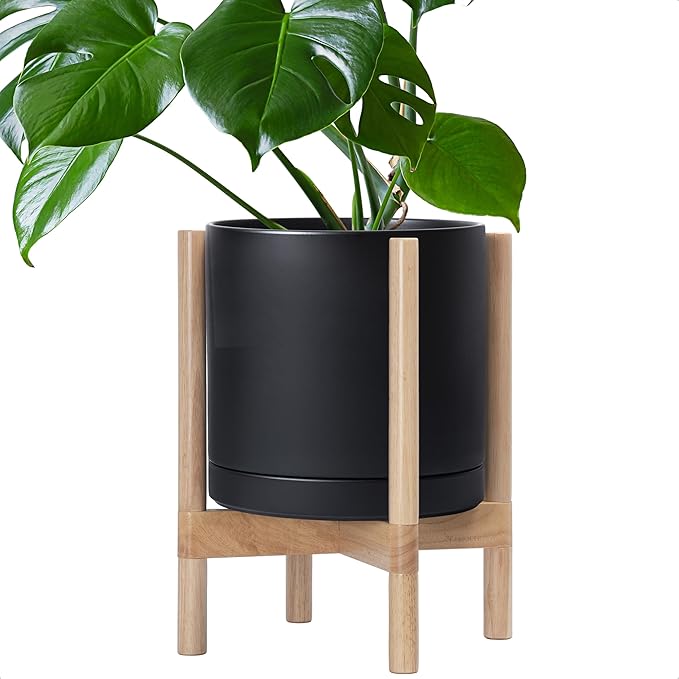 D'vine Dev Ceramic Planter with Natural Stand - 12 Inch Modern Round Flower Pot with Wood Planter Holder, Black, 55-B-J-2 - Bloomnest
