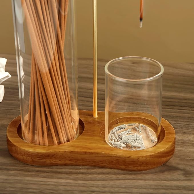 2 in 1 Incense Holder for Sticks, Anti-Ash Flying Incense Burne with Glass Ash Catcher and Incense Sticks Organizer for Meditation Yoga Spa Home Decor (Dark Base) - Bloomnest