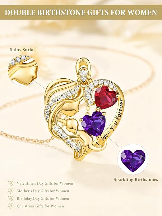 14K Gold Double Birthstone Heart Necklace for Women Mom, Mother Son/Daughter Pendant Necklace for Christmas Mother's Day Birthday Gifts for Wife Daughter Grandmom - Bloomnest