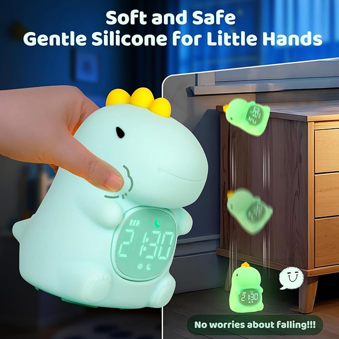 Dinosaurs Alarm Clock with Night Light for Kids with Sleep Training and Sound Machine, Rechargeable Silicone Lamp OK to Wake Clock，Cute Animal Tabletop Lamp, Perfect Sleep Companion for Boys Girls - Bloomnest
