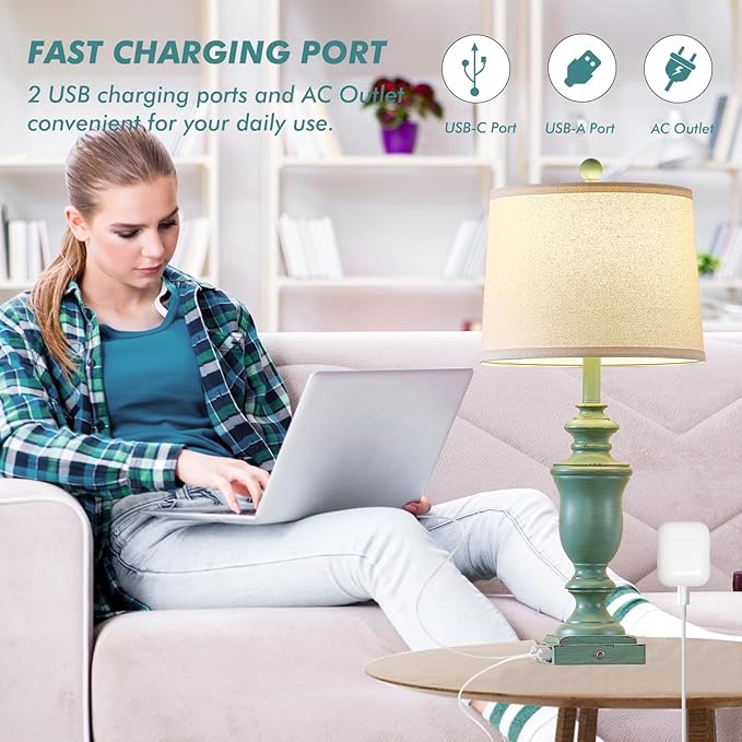 27.5" Set of 2 Farmhouse Table Lamps for Bedroom, 3 Way Dimmable Bedside Lamp with 2 USB +AC Outlet Nightstand Lamps for Living Room Resin Rustic Touch Lamps (Antique Green) - Bloomnest