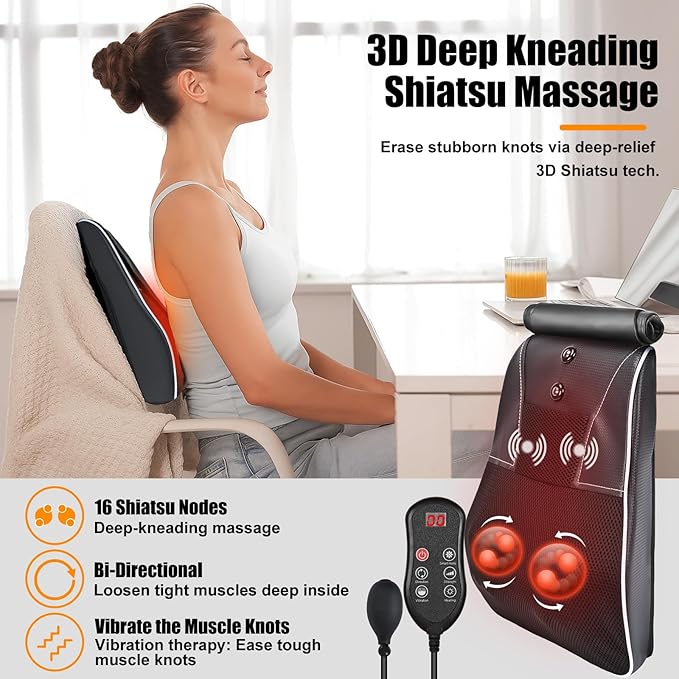 Shiatsu Neck and Back Massager with Heat,Neck Massager for Pain Relief deep Tissue,3D Kneading Massage Pillow for Back,Shoulder,Leg,Gifts for Mom,Dad,Women (Black) - Bloomnest
