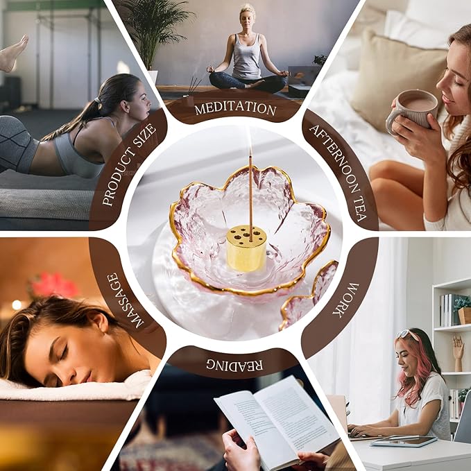 2 Set Incense Holder for Sticks and Backflow Incense Handmade Glass Cherry Blossom Incense Stick Holder with 9 Incenses Holes Incenses Burner Ash Catcher (2 Pcs Plum Blossom with Gilt-Edged) - Bloomnest