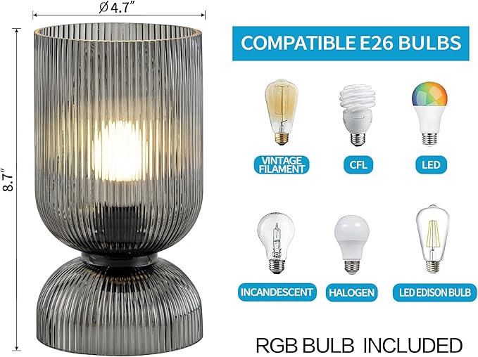 Modern RGB Glass Table Lamp with Remote，Color Changing Bedside Lamp with Ribbed Glass Shade, 16 Colors, On/Off Cord Switch, Nightstand Lamp for Bedroom, Living Room, Office, Bulb Included - Bloomnest