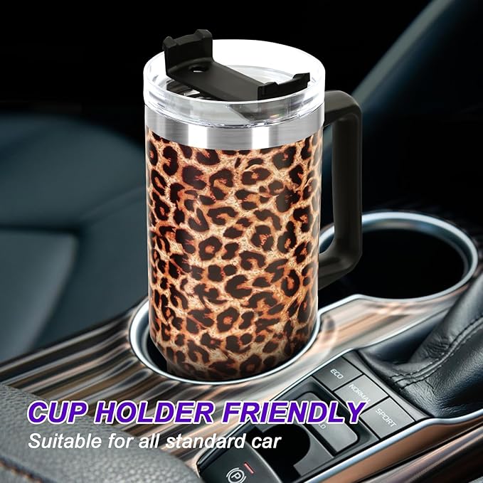 40 oz Tumbler with Handle and Flip Straw Lid, Vacuum Insulated Leak Proof Double Walled Stainless Steel Travel Mug Tumblers, Maintains Cold Ice and Heat for Hours(Leopard Brown Tumbler) - Bloomnest