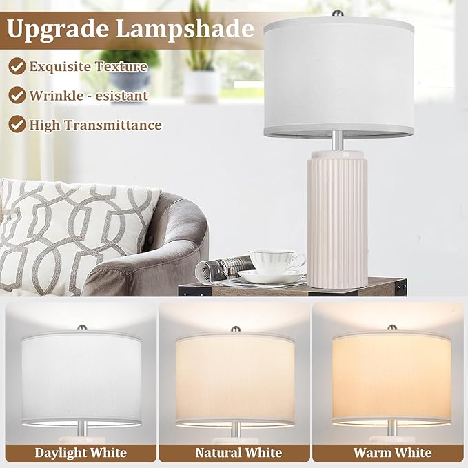 23.5’’ Beige Modern Ceramic Table Lamps Set of 2 for Living Room, Farmhouse Bedside Lamps with Upgraded White Linen Shade, Rustic Nightstand Lamps for Bedroom Home Office, Vintage End Table Dorm - Bloomnest