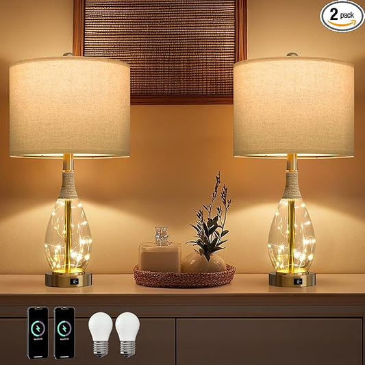 OYEARS 23" Table Lamps for Living Room Set of 2 Bedside Lamps for Night Stands Bedroom Lamps Farmhouse Rattan Boho Lamp Glass Nightlight End Table Lamp with USB C+A (Gold),Two Light Points - Bloomnest
