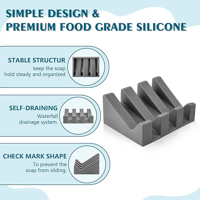 Self Draining Soap Dish Holder,Silicone Soap Dish,for Bathroom,Kitchen, Sponges，Can Extend Soap Life，Keep Soap Bars Dry and Easy Cleaning (Grey,2-Pack) - Bloomnest