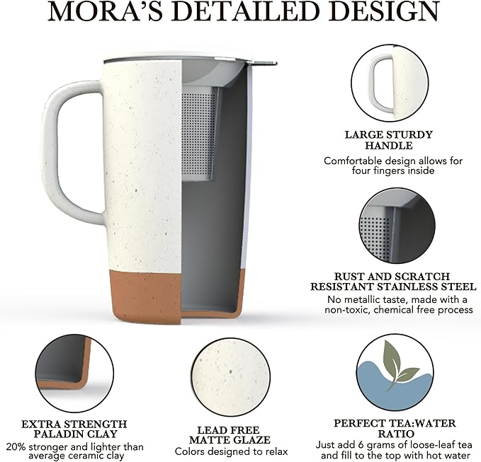 Mora Ceramics Large Tea Mug with Loose Leaf Infuser and Ceramic Lid, 18 oz, Portable, Microwave and Dishwasher Safe, Tall Coffee Cup - Rustic Matte Ceramic Glaze, Modern Herbal Tea Strainer, Cotton - Bloomnest