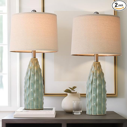 Ceramic Table Lamps Set of 2, 23.75" Modern Farmhouse Bedside Lamp - Green Nightstand Lamps for Bedroom, Boho Living Room End Tables, Small Office Desk Lamp Decor - Bloomnest