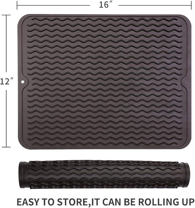 Silicone Dish Drying Mat for Multiple Usage,Easy clean,Eco-friendly,Heat-resistant Silicone Mat for Kitchen Counter or Sink,Refrigerator or drawer liner Coffee L 16 inches x 12 inches - Bloomnest