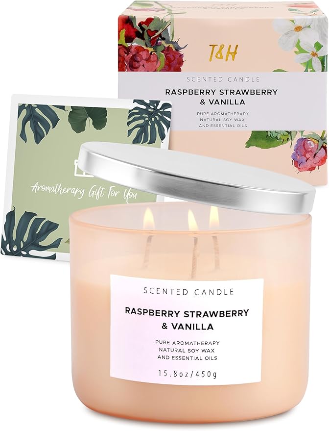Raspberry Strawberry Vanilla 3 Wick Candle - Large 15.8 oz Soy Scented Candle, Strong Throw & Long Lasting - Fruity Berry Vanilla Candle - Aromatherapy Gift Candle for Home - Bloomnest