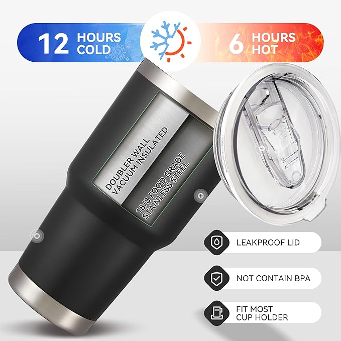 30 oz Tumbler with Lid Stainless Steel Tumblers Bulk Vacuum Insulated Cup Reusable Powder Coated Travel Mug Double Wall Leak Proof Cups Keep Cold Drinks for 12 Hours Black, Set of 4