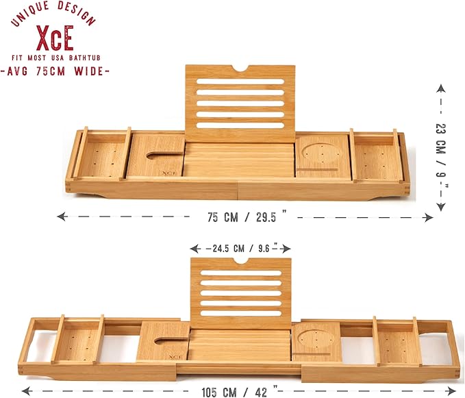 XcE Bamboo Bathtub Caddy Tray - Expandable to 41 Inches with Book Stand, Soap Holder & Anti-Slip Pads for Luxury Bath Spa, Natural - Bloomnest