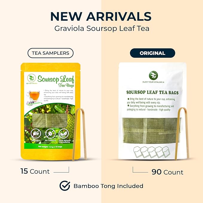 Soursop Graviola Leaf Tea Bags, 90 Count, Bamboo Tong Included, No Sugar Added, No Caffeine, Hoja De Guanabana, Re-Steep Morning Herbal Detox Tea for Relax, Refreshing & Pure Taste - Bloomnest