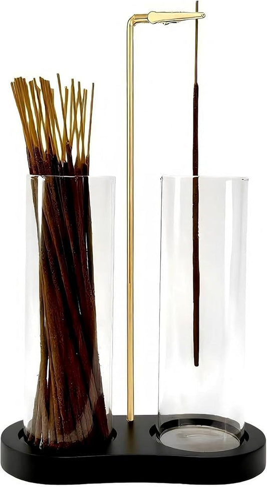 Glass Incense Holder, Black Incense Sticks Burner Holder with Storage,Hang Upside Down Incense Holder for Sticks with Glass Ash Catcher for Meditation Yoga Spa Room Decor (Black) - Bloomnest