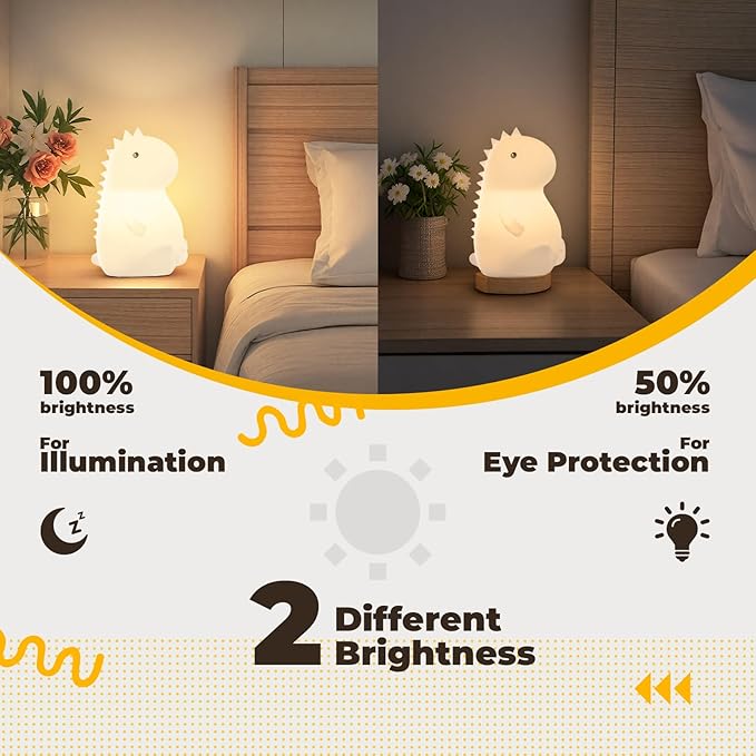 LED Squishy Animal Night Light - 2 Level Dimmable Nursery Lamp for Kids, Rechargeable Touch Lamp, Cute Dorm Decor - Perfect Baby Boys Girls Gift (Little Dinosaur) - Bloomnest